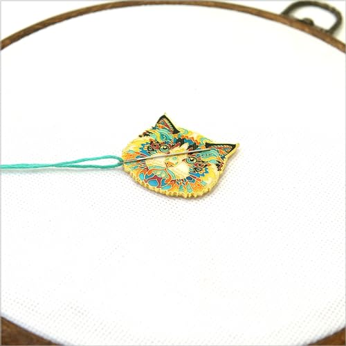 Awesome Pattern Studio Needle Minder Set - Mandala Cat Magnetic Needle Minder + 2 Needle Threaders. Enamel Pin for Cross Stitch, Embroidery and Craft