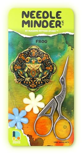 Awesome Pattern Studio Needle Minder Set – Frog Magnetic Needle Minder + 2 Needle Threaders + Crane Scissors. Enamel Pin for Cross Stitch, Embroidery and Craft - size: Frog Set #2