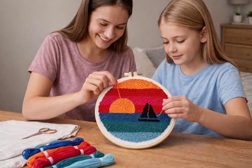 CELCRAFTIQUE Punch Needle Kits for Adults Beginner, Tool with Punch Needle Fabric, Hoops, Yarns and Sewing Needles (Style 3) - color: Sail At Sunset