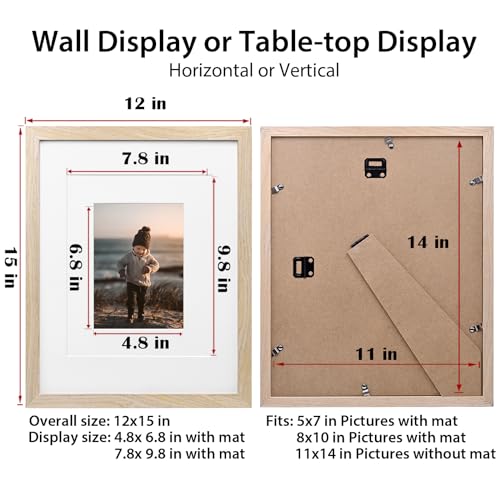 KINLINK 11x14 Picture Frame Natural, Solid Wood Frame 11x14 with Acrylic Plexiglass for Pictures 5x7/8x10 With Mat,Tabletop and Wall Display, 11 x 14 Picture Frame Set of 1 - color: Natural, size: 11x14