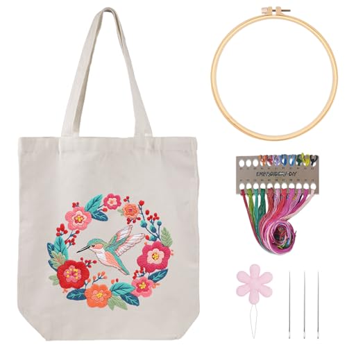 Louise Maelys Hummingbird Embroidery Kit Canvas Tote Bag for Beginners - color: Humming Bird