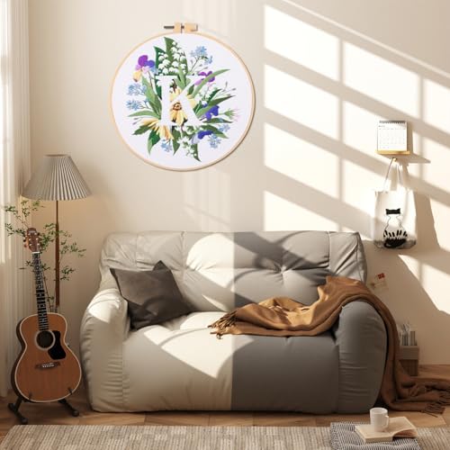 IUHUI Embroidery Kit for Beginners Adults - 26 Floral Letters Easy Patterns, DIY Hand Stitching Embroidery Set with Hoop (Flower and Grass Letter K) - color: Flower and Grass Letter K