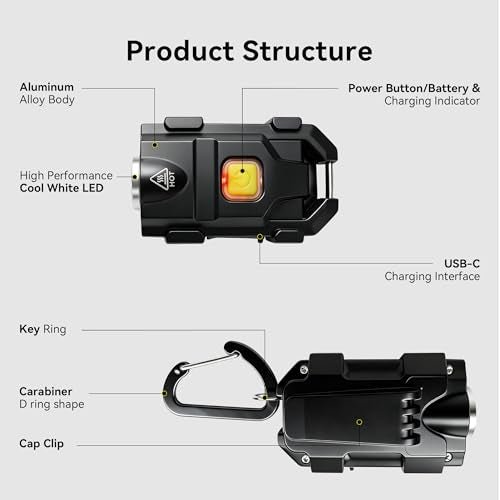 lexall H8 Keychain Flashlight, 500LM USB-C Mini EDC Light with Cap Clip