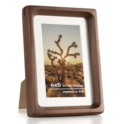 RICHFOCUS 4x6 Picture Frame USA-Sourced Natural Walnut Solid Wood Photo Frame Handcrafted Rounded Corner Wooden Frame with Real Glass Display Photos 3x5 with Mat or 4x6 Without Mat - color: Walnut, size: 4x6-1PC
