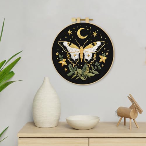 ERKOON Embroidery Kit for Beginners Adult Cross Stitch Set Include Embroidery Cloth Hoop Threads for Craft Lover Hand Stitch with Embroidery Skill Techniques (Moon Butterfly) - color: Moon Butterfly