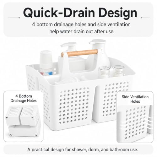 Portable Shower Caddy Basket with 3 Compartments and Handle, White - color: White