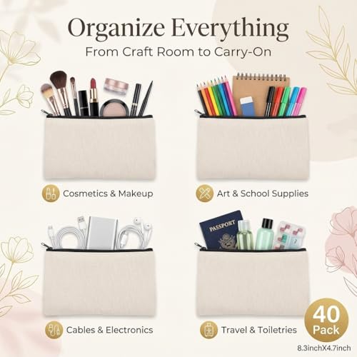 40pcs Blank canvas Zipper Pouch Makeup Bags Bulk, Smooth Zipper Pencil Case - color: Beige, size: 8.3x4.7