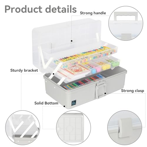WEWLINE 3-Layers Plastic Portable Storage Box,Household Plastic Craft Supply Box with Handle,Multifunctional Storage Boxes for Children Student,Perfect for Home Office - color: GRAY