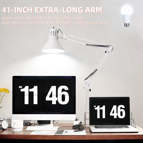 White Desk Lamp with Clamp, Extra-Tall Adjustable Metal Swing Arm, 5000K - color: White, size: 5000K Natural Daylight-Extra Long Swing Arm