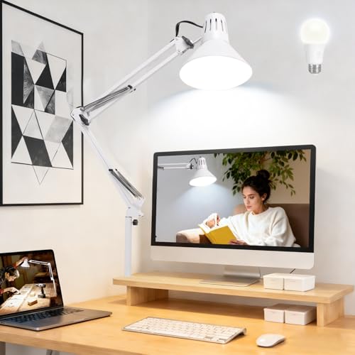 White Desk Lamp with Clamp, Extra-Tall Adjustable Metal Swing Arm, 5000K - color: White, size: 5000K Natural Daylight-Extra Long Swing Arm