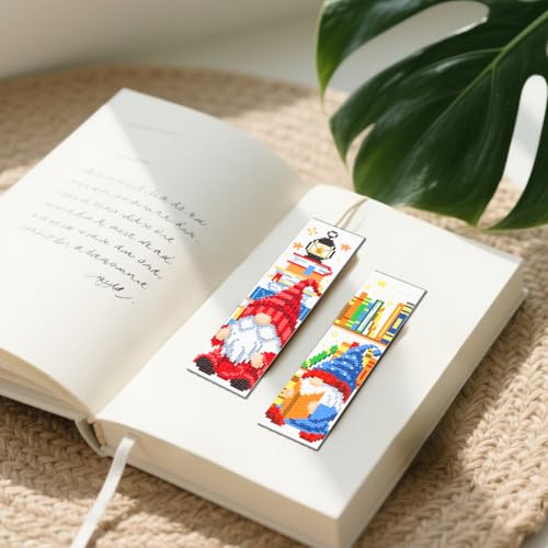 FREEBLOSS 6 Set Cross Stitch Bookmark Kit 11 CT Stamped Cross Stitch Kit DIY Embroidery Bookmark Kits for Adult Beginners with Instructions, Gnome Pattern, 6 x 20 cm/8" x 2.4" - style: Books and Dwarfs
