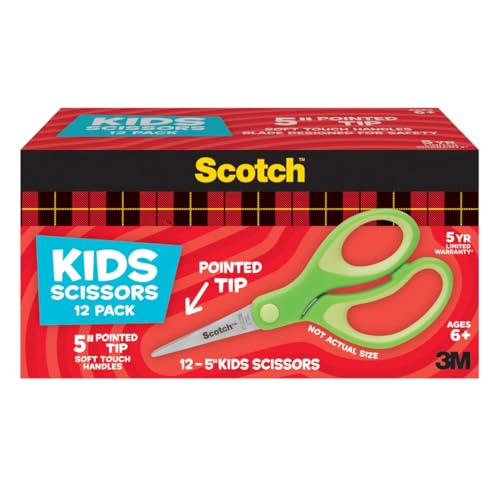 Scotch 5" Soft Touch Pointed Tip Kids Scissors, 12 Count Teacher's Pack - size: 12 count - blunt