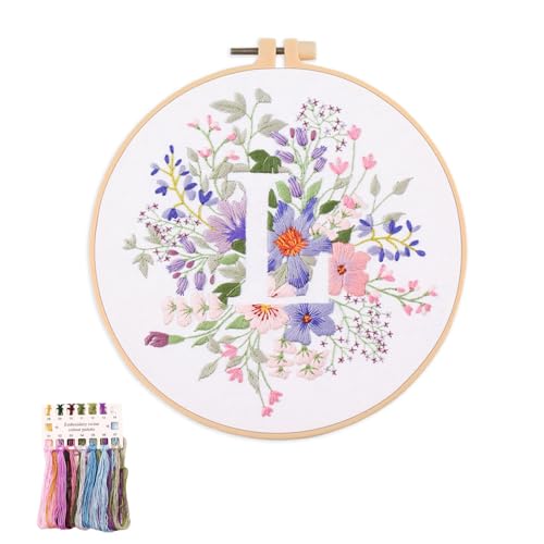 artcici Embroidery Kits Plant Flower Leaf English Letter Patterns for Beginners Adults, Full Range Embroidery Starter Kits Cross Stitch Needlework Supplies (Letter L) - color: Letter L