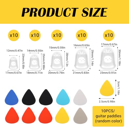 50 Pcs Guitar Fingertip Protectors, 5 Sizes Silicone Finger Tips Protectors with 10 Picks for Acoustic Electric Guitar Ukulele Banjo Mandolin, Reusable Practice Kit