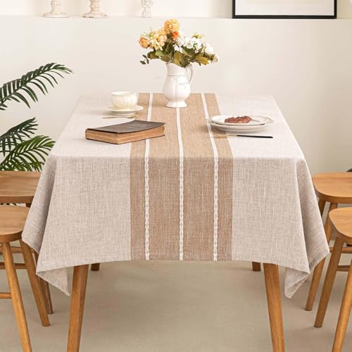 SIELUNO Rectangle Table Cloth Cotton Linen Waterproof Embroidery Tablecloth Rustic Farmhouse Style for Indoor Outdoor Dinning Tabletop Decoration-Striped Coffee-54 x54 - color: Striped Coffee, size: 54" x 54" (Rectangular)