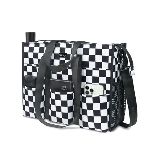 TOPDesign Utility Water Resistant Tote Bag with 22 Pockets, Zipper Closure - color: Checkerboard, size: Medium