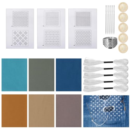 DORMIYA Sashiko Kit for Beginners, Water-Soluble Sashiko Thread and Needles Set, Pure Fabric Sashiko Stencil Kit, Versatile Sashiko Supplies, Embroidery Transfer Templates for DIY Crafts - color: Style 1