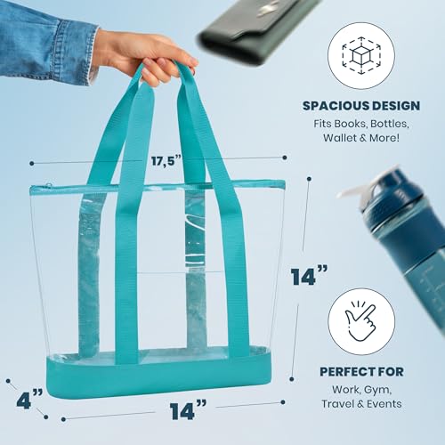 Handy Laundry Clear Tote Bag - Zipper Closure, Long Shoulder Strap, Fabric Trimming. - color: Teal