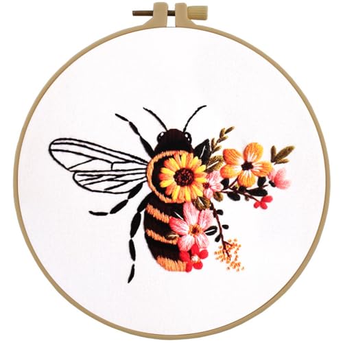 Esffaci Embroidery Starter Kit for Adult Beginner with Bee Pattern Hand Embroidery Set with Embroidery Cloth Hoop Needle Threader Embroidery Floss and Instruction - color: Bee A