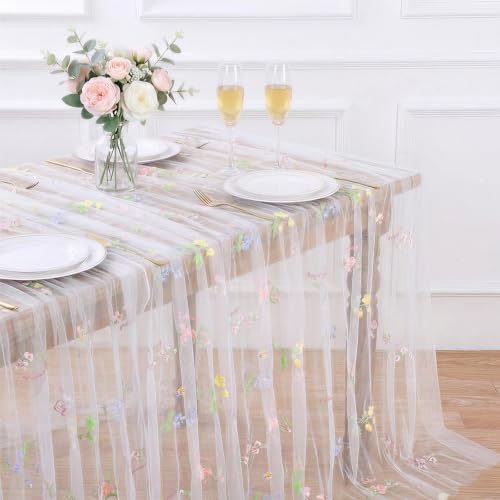 White Gauze Tablecloth 60"x120" Rectangular Wildflower Floral Tulle Overlay - color: White, size: 60"x120", 1 Pc