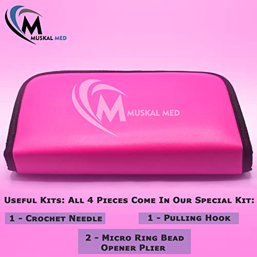 Professional Hair Extension & Beading Tool Kit Remove Plier Set for beads (4 Piece) I-Link Micro Ring Loop Needle Pulling Hook Threader Wire for Silicone Rings (Hot Pink) - color: Hot Pink