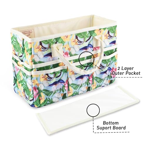 Craft Organizer Tote Bag with Multiple Pockets,Scrapbooking Art Storage - color: green flower clusters