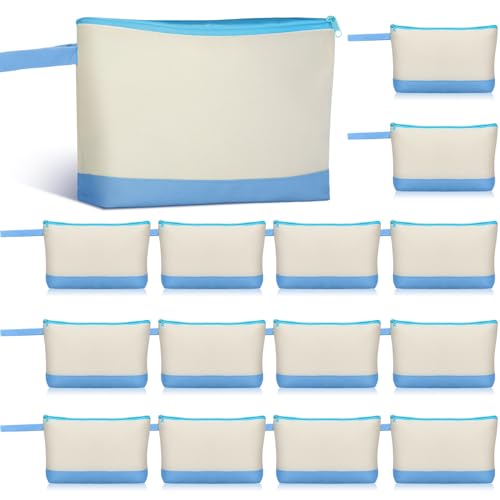 Silkfly 15 Pcs Cotton Canvas Makeup Bags Cosmetic Zipper Bags 10.2 x 5.5 x 2'' Blank DIY Pouch Bulk Pencil Case with Bottom Travel Toiletry Pouch for Women Craft Decor Gift (Beige and Light Blue) - color: Beige and Light Blue