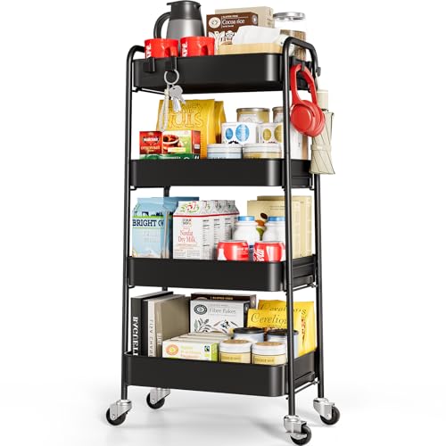 TOOLF 4 Tier Metal Rolling Cart, Utility Storage Cart with Wheels, Black - color: Black, size: 4-Tier