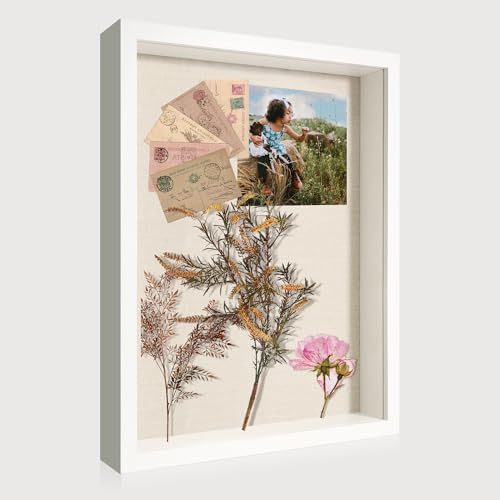 11x14 Shadow Box Display Case with Tempered Glass, White Wooden Large Memory Shadow Box Frame with Soft Linen Back - color: White, size: 11x14
