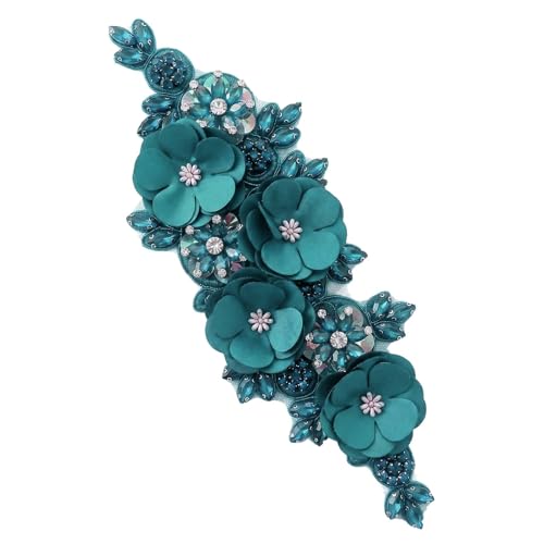 Handmade 3D Flower Embroidery Applique Rhinestone Lace Patches, Turquoise - color: Turquoise