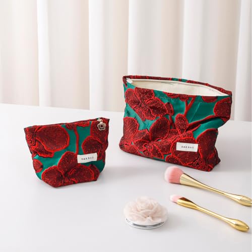 Elegant Red Floral Jacquard Cosmetic Bag Travel Makeup Pouch Organizer - color: Elegant Red Flower