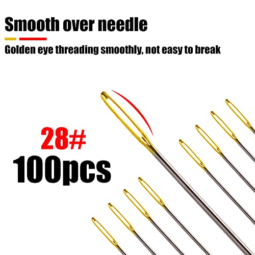 100pcs Cross Stitch Needles +2 Needle Threader Golden Color Large Eyes Cross Stitch DIY Embroidery Hand Needles Sewing Needles in Transparent Box (28#) - style: 28#