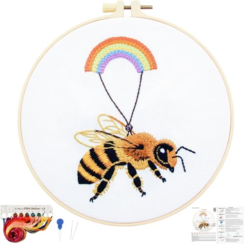 Crafmanoe Cute Bees Embroidery Kits for Beginners Adults, Hand Embroidery Starters Kits, Stamped Cross Stitch Kits DIY Needlepoint Kits for Beginners Adults, Embroidery Hoop, Thread and Video Tutorial - color: H2079