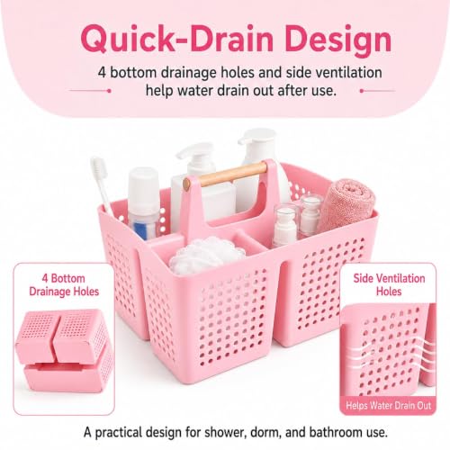 Portable Shower Caddy Basket with 3 Compartments and Handle, Caddy Pink - color: Caddy Pink
