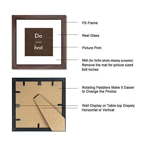 8x8 Picture Frame Set of 3 with Real Glass for Pictures 5x5 with Mat or 8x8 Without Mat, Wall Mounting or Tabletop display Photo Frames in Walnut - color: Walnut, size: 8x8(set of 3)
