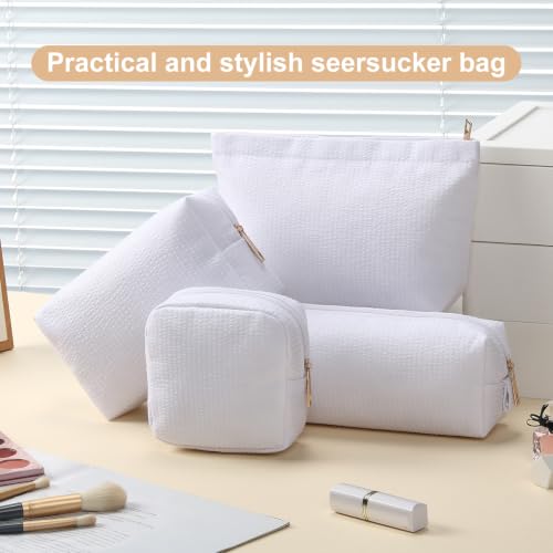 Sanwuta 4 Pcs Seersucker Pouch Striped Makeup Bag Set, White - color: White