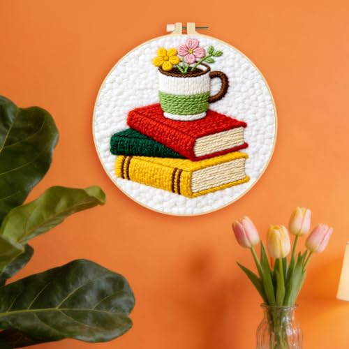 INFUNLY Books Flowers Punch Needle Kit for Beginners Floral Punch Needle Embroidery Kits for Adults 8.7''x8.7'' DIY Punch-Stitching Kit with Instruction Threader Needles Round Hoop for Wall Decor