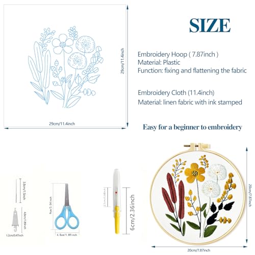 Zhenqing Floral Embroidery Kit - 4 Piece 29x29cm Round Hoop Art Set with Pre-Printed Cotton Fabric, Embroidery Hoop, Threads & Tools for Beginners (C0010) - color: C0010