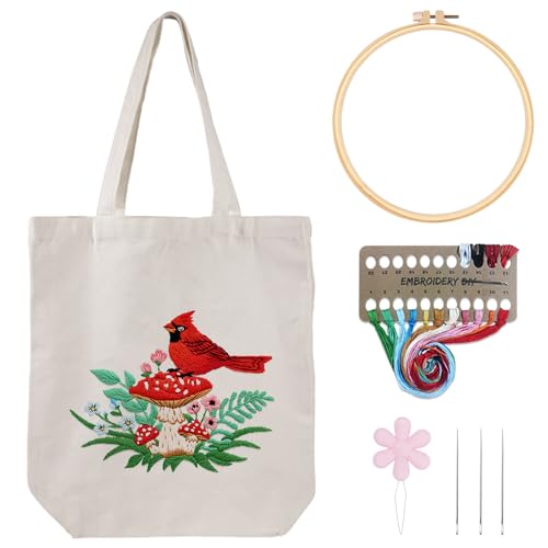 Louise Maelys Embroidery Kit, Cardinal Mushroom Canvas Tote Bag Craft Set - color: Cardinal