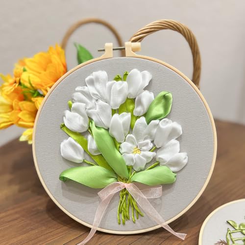FONNUY Ribbon Embroidery 3D Flowers Pattern Design Kit Embroidery DIY Handwork Set Oval Home Decoration (White Tulip) - style: White Tulip