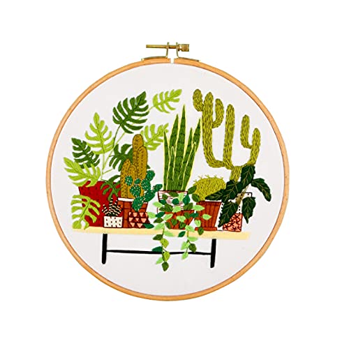 SUQUUB 3 Sets Embroidery Starter Kit with Pattern and Instructions,Cross Stitch Beginner Kits with Frame,3 Plastic Embroidery Hoops,3 Embroidery Clothes and Color Threads (3 X Plant Pattern) - color: 3 X plant pattern