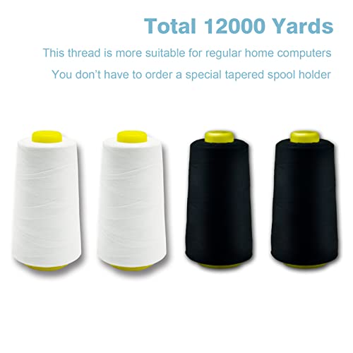 White Black Serger Thread, All-Purpose Thread for Sewing, Polyester, 4 Cones of 3000 Yards Each Spool for Sewing Machine - color: 2 white 2 black