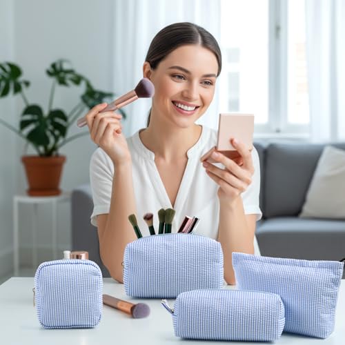 Sanwuta 4 Pcs Seersucker Pouch Striped Makeup Bag Set, Acid Blue - color: Blue