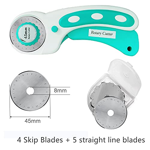 Headley Tools 45mm Rotary Cutter with 9pcs Extra Rotary Blades, Ergonomic Rolling Cutter with Safety Lock for Fabric, Sewing, Quilting, Cloth, Paper, Leather, Crafting, Fabric Rotary Cutter (Cyan) - color: Cyan, size: 45mm
