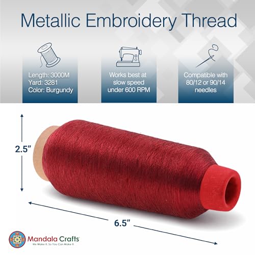 Mandala Crafts Metallic Burgundy Embroidery Floss for Sewing, 3281 YD Spool - color: Burgundy, size: 3000M 3281 Yard