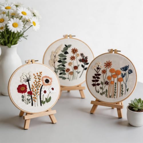 Herdiese Embroidery Kit for Beginners & Adults, 3 Floral Patterns & Hoop - color: Flower-E (3 Pack)