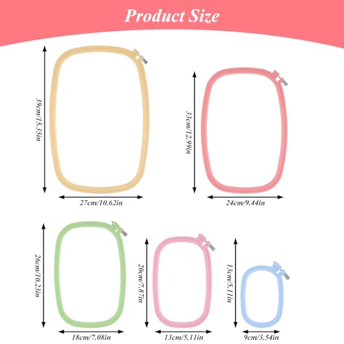 Afcabakila 5 Pack Rectangular Embroidery Hoops Set, 5 Size ABS Plastic Candy Color Cross Stitch Hoop Reusable Embroidery Frames Rings for DIY Embroiderys Craft Sewing Needlework