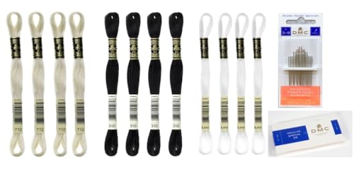 DMC Embroidery Floss Mouline Special Black (310), Cream(712), White(Blanc) -3 Colors Thread Bundle with DMC Embroidery Hand Needles 3-9, INCELER Supplies