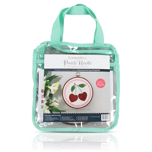 Kimberbell Punch Needle Kit – Life is Cherry Sweet - DIY Punch Needle Set for Beginners with Tool, Monks Cloth, Yarn, Frame, Fabric & Reusable Project Bag | Embroidery Craft Set