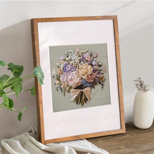 FONNUY Bouquet Flowers Embroidery Kit for Beginners, Pre-Stamped Pattern Kits for Adults with Hoop, Easy to Follow Color Thread Needlework, 8'' Hoop (Timeless Elegance) - style: Timeless Elegance